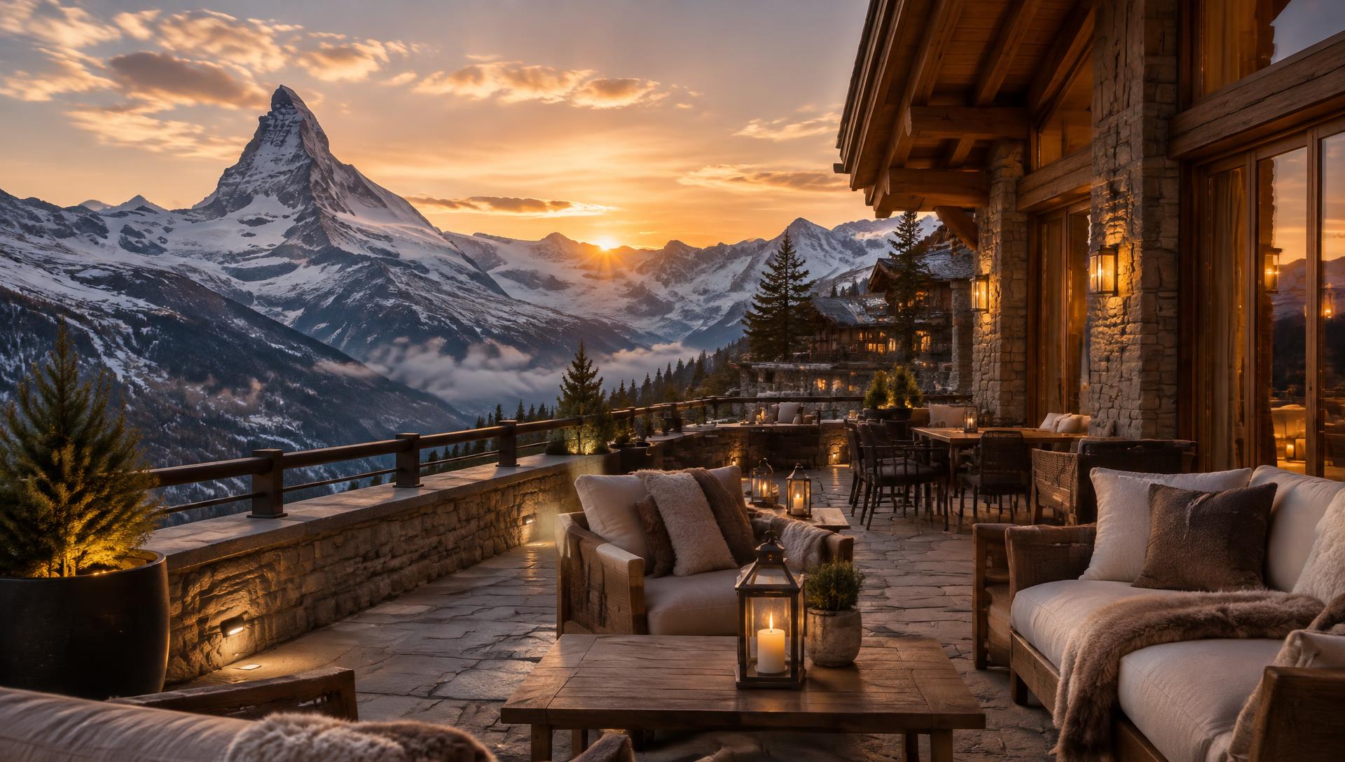 Terrace of an alpine hotel at sunset with snow-covered Valais peaks in the background