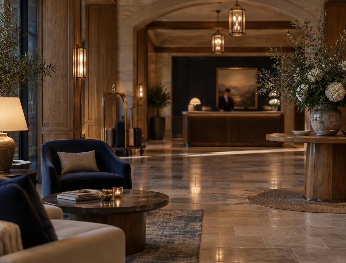 Warmly lit hotel lobby with a reception desk in soft focus