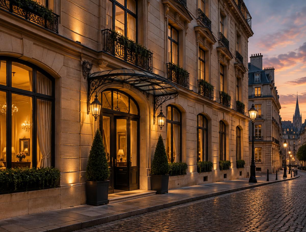 Elegant European city hotel facade lit at dusk on a quiet cobbled street