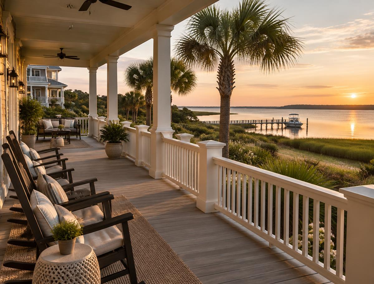 Veranda with rocking chairs at a coastal low country property at sunset
