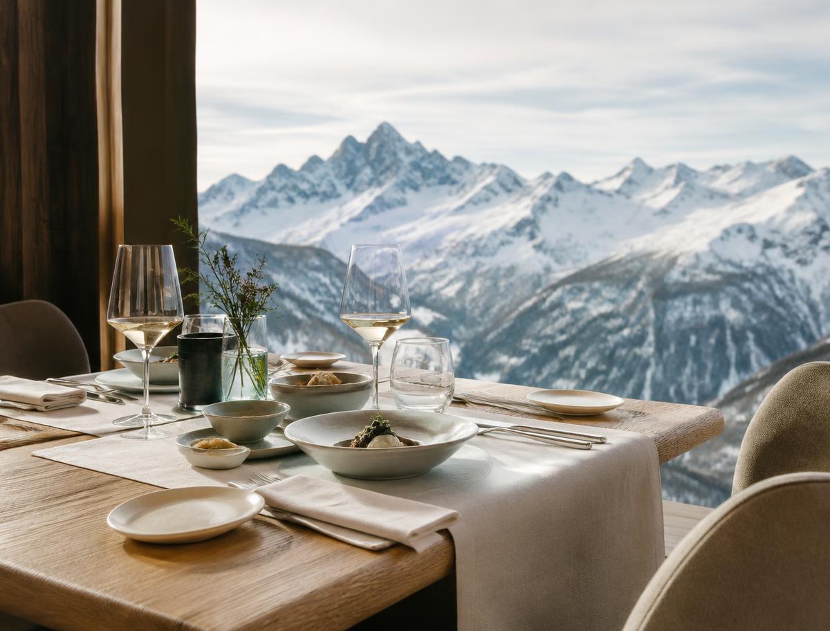 Table laid at a mountain restaurant with an alpine panorama through the window