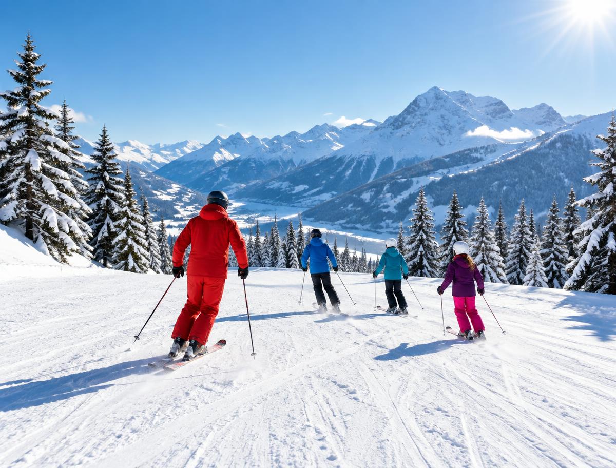 Ski instructor leading a small group down a sunlit alpine piste